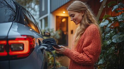 young woman charging her electric car with smartphone at home sustainable economic transportation concept.stock image