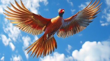 Obraz premium Golden Pheasant Bird Flying Under Blue Sky, Photo Realistic, Wallpaper, Cover and Screen for Smartphone, Cell Phone, Computer, Laptop, 9:16 and 16:9 Format