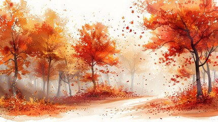 Autumn breeze, trees covered in warm orange and red leaves, leaves swirling in the wind, delicate watercolor brushwork emphasizing movement