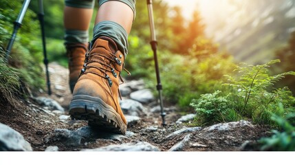 A close-up of a womans hiking boots on a rugged path, with her trekking poles and a lush trail visible, emphasizing the gear and readiness for hiking.