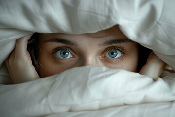 Nighttime struggle - image of a person suffering from insomnia, capturing restless hours, weary eyes, and silent battle against sleeplessness in dark, quiet room, reflecting mental and physical toll.