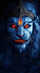 Fierce and Mystical Blue Tiger Deity with Glowing Red Eyes and Traditional Crown in Dark Haunting Atmosphere