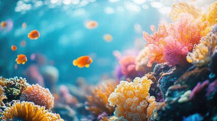 Naklejka premium A close-up of coral reefs and marine life underwater, showcasing the vibrant colors and diverse species, ideal for nature and ocean-themed designs with space for text.