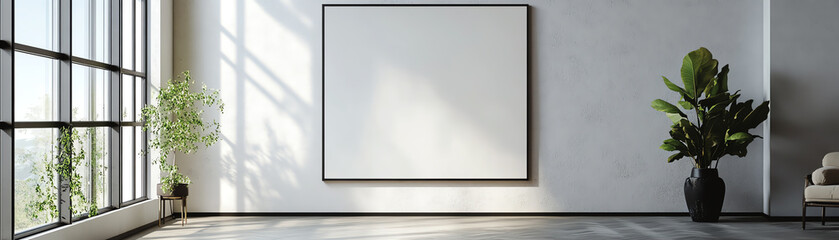 Minimalist interior with a blank canvas on the wall, surrounded by large plants and natural light from floor-to-ceiling windows.