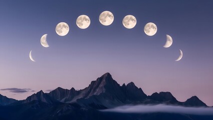 Stunning view of moon phases arching above a serene mountain landscape, capturing the beauty of nature during twilight in a tranquil setting.