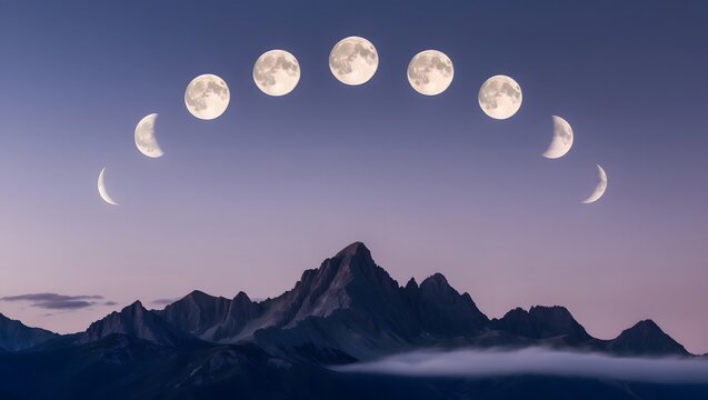 Stunning view of moon phases arching above a serene mountain landscape, capturing the beauty of nature during twilight in a tranquil setting.