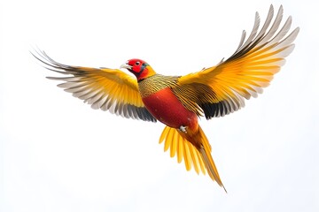 Fototapeta premium Golden Pheasant Bird Flying with White Background, Realistic Photo, Wallpaper, Cover and Screen for Smartphone, Cell Phone, Computer, Laptop, 9:16 and 16:9 Format