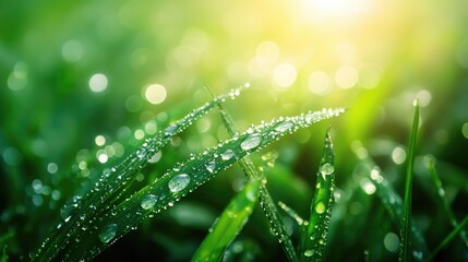 Naklejka premium A close-up of dewdrops on fresh green grass blades, capturing the morning light and offering a vibrant and refreshing scene with space for text.