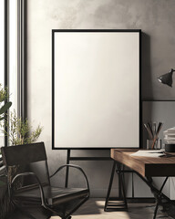 Minimalist office interior with a blank picture frame, modern furniture, and natural light from a large window.