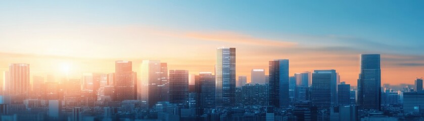 Obraz premium A breathtaking panoramic view of a modern city skyline during sunset, showcasing architectural beauty and vibrant colors.