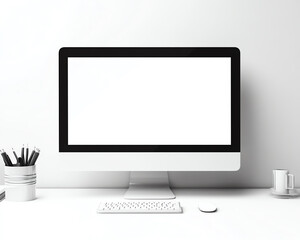 Fototapeta premium Minimalist workspace with blank computer screen, desktop accessories, and coffee cup on a clean white desk against a plain white wall.