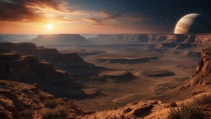Fototapeta premium Incredibly colossal planet in the sky above the canyon, landscaper