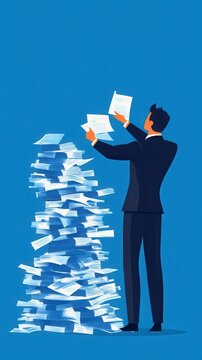 A businessman struggling with paperwork, surrounded by a tall stack of documents against a vibrant blue background.