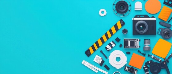 A creative flat lay of photography tools and accessories on a vibrant blue background, perfect for visual arts inspiration.
