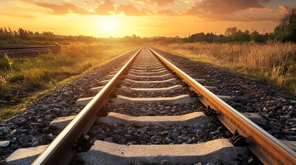 A scenic view of railway tracks stretching towards a sunset in a tranquil landscape.