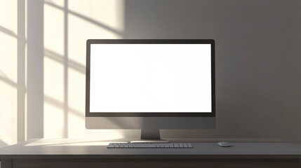 Fototapeta premium Modern desktop computer with blank screen on a minimalist workspace, illuminated by natural light from a window, casting shadows on the wall.