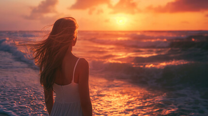 Fototapeta premium Beautiful Woman in a Light-Toned Dress Standing on the Shore at Sunset, Hair Blowing in the Wind with Orange and Pink Sky Reflections