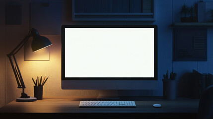Fototapeta premium Modern desktop workspace with blank monitor screen in a dimly lit home office, featuring a lamp and stationery for night productivity.