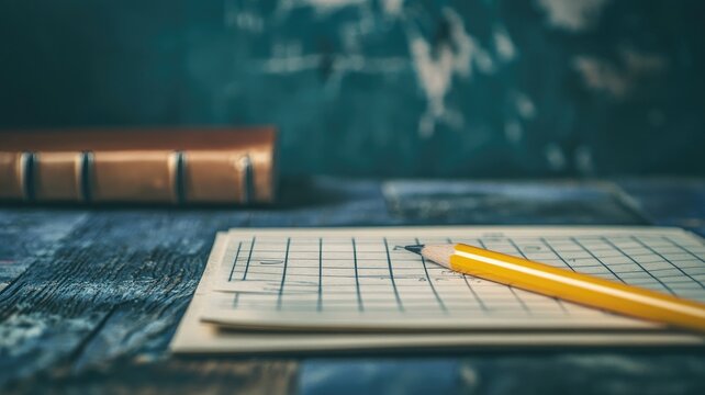 Pencil on notebook next to closed book table