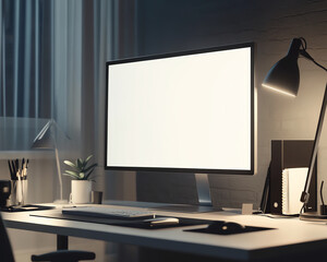Modern home office setup with a blank computer screen, desk lamp, and office supplies, creating a productive workspace atmosphere.