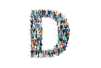 Illustration vectorielle représentant la lettre C de l'alphabet constituée d'une foule de personnages d'âge, de races et de sexes différents