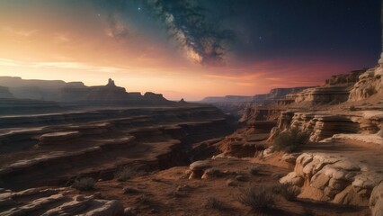 Incredibly colossal planet in the sky above the canyon, landscaper