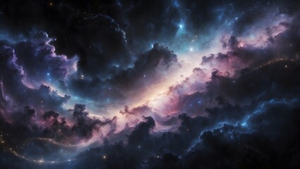 A stunning view of a cosmic nebula, showcasing vibrant colors and swirling clouds of gas and dust against the backdrop of space.