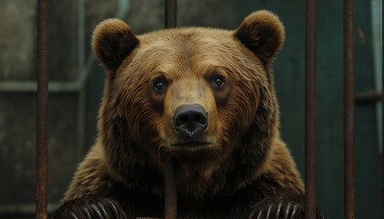 Obraz premium A close-up of a bear looking through bars, evoking a sense of captivity and concern.