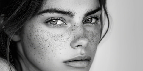 Fototapeta premium Black and White Close-Up Portrait of a Freckled Woman with Intense Gaze