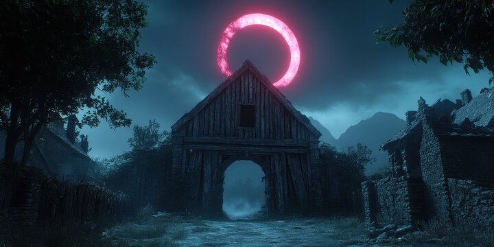 Mysterious Abandoned Barn Under Ominous Pink Eclipse at Night in a Haunting Rural Landscape Surrounded by Dark Silhouetted Trees