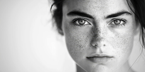 Fototapeta premium Close-up Portrait of Young Woman with Freckles and Intense Gaze in Black and White Image