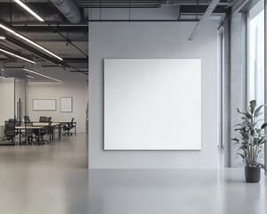 Modern office interior with blank whiteboard on wall, open space design, empty workspace, plants for decoration, industrial look.