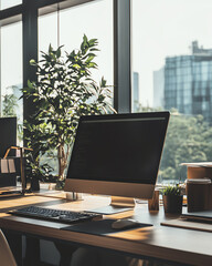 Fototapeta premium Modern office workspace with a computer, green plants, and large windows showcasing an urban landscape in the background.
