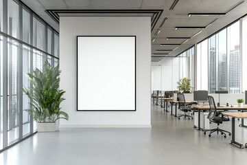 Modern open-plan office space with large windows, plants, and empty picture frame on white wall