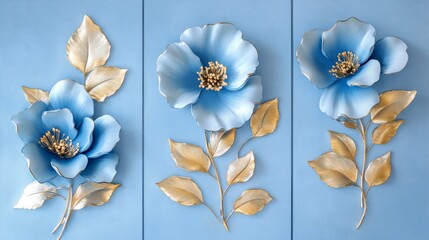 This stunning collection includes three modern 3D floral wall art panels with intricate blue flower designs and luxurious gold accents, perfect for enhancing contemporary home decor