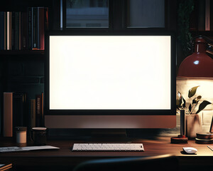 Modern workspace with a blank computer screen, books, and a red lamp on a wooden desk, creating a cozy and productive atmosphere.