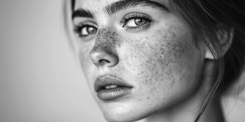 Black and White Close-Up Portrait of Woman with Freckles and Intense Eyes