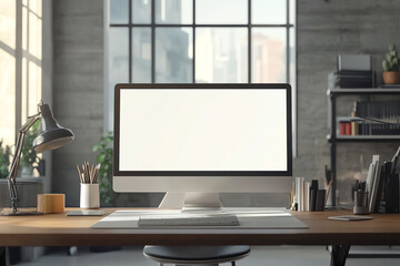 Modern workspace with computer and office supplies on wooden desk in industrial-style office with large windows, perfect for home office setup.