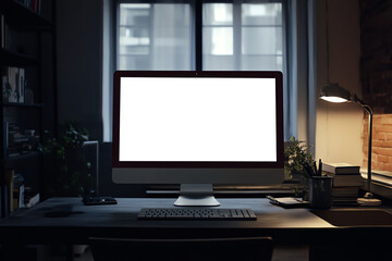 Modern workspace with desktop computer, keyboard, and desk lamp in front of a window. The screen is blank, ideal for design mockups.
