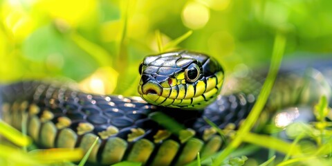 Grass snake Natrix natrix sunbathing in a private garden on a sunny summer afternoon.