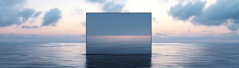 Surreal mirrored seascape at dusk, featuring calm waters and a dramatic sky, creating a tranquil and dreamlike atmosphere.