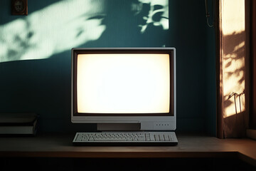 Fototapeta premium Vintage computer monitor and keyboard on desk with soft lighting, evoking retro technology and nostalgic workspace ambiance.