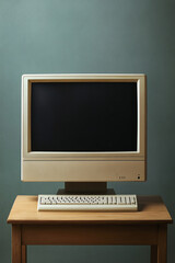 Vintage computer setup featuring a retro monitor and keyboard on a wooden table against a muted green background.