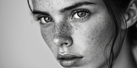 Obraz premium Monochrome Portrait of Young Woman with Freckles and Intense Gaze