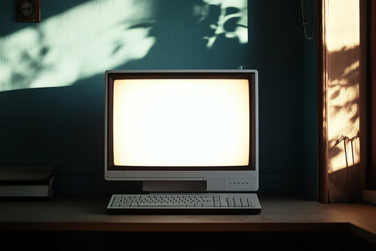 Vintage computer monitor and keyboard on desk with soft lighting, evoking retro technology and nostalgic workspace ambiance.