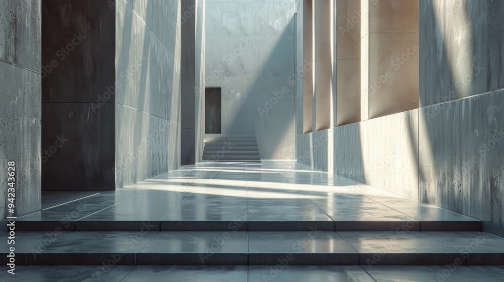 Poster a long hallway with stairs leading up to a door, perfect for use in interior design or architecture 