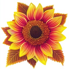 Fototapeta premium Vibrant Red and Yellow Sunflower with Autumn Leaves