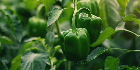 Green bell peppers growing on a vine