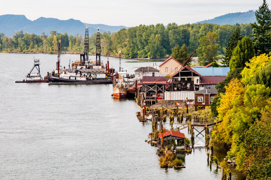 USA, Washington State. Lower Columbia River, Cathlamet Harbor, houseboats, fishing boats and homes.