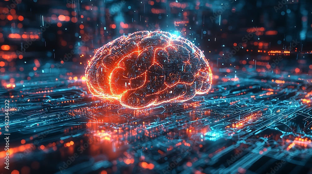 Aufkleber a digital brain with circuitry, set against an abstract background of technological wonder.